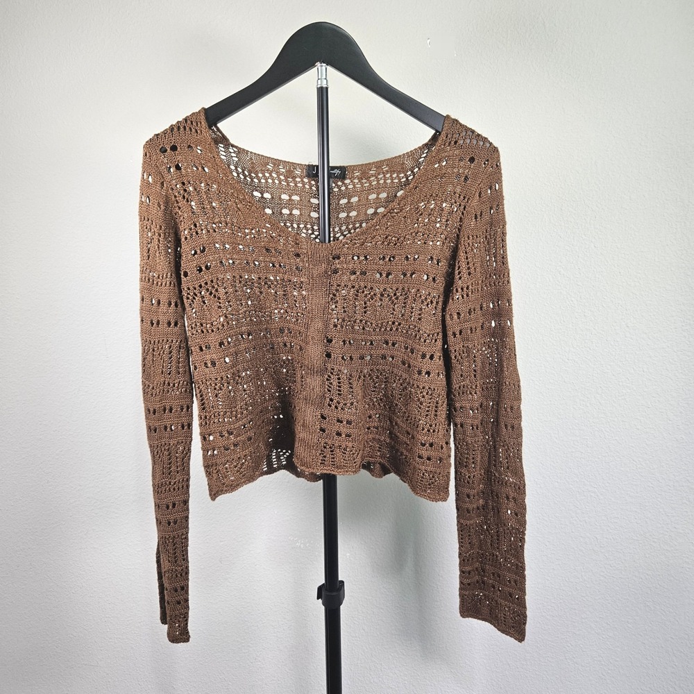 J for Justify Crochet Knit Top Women M Brown Long Sleeve Cropped Boho Style